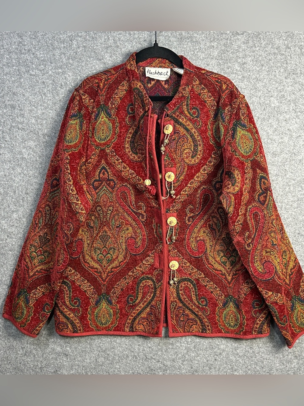 VTG Flashback SZ M Red Paisley Tapestry Loop/Toggle Button Jacket Gypsy Folk Art